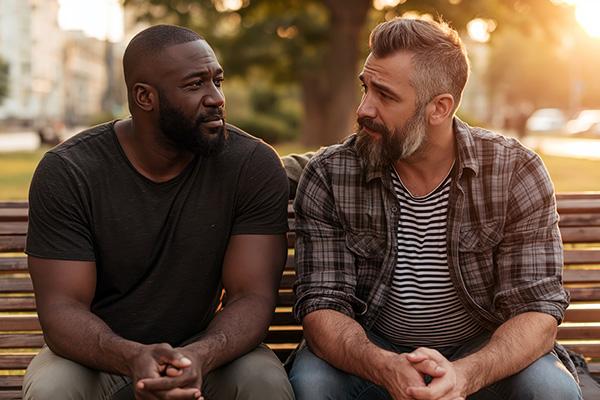 Two male friends sitting side by side on a park bench in serious conversation