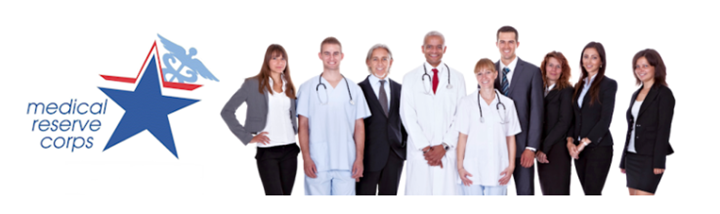 Medical Reserve Corps. Logo with a group of individuals from various career backgrounds. 