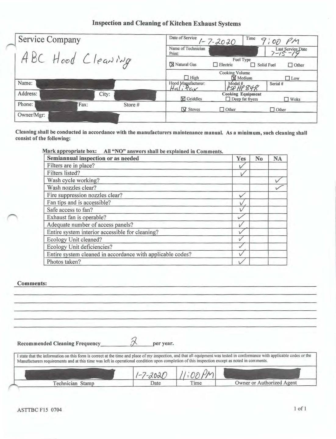 ABC Hood Cleaning Sample Inspection Report