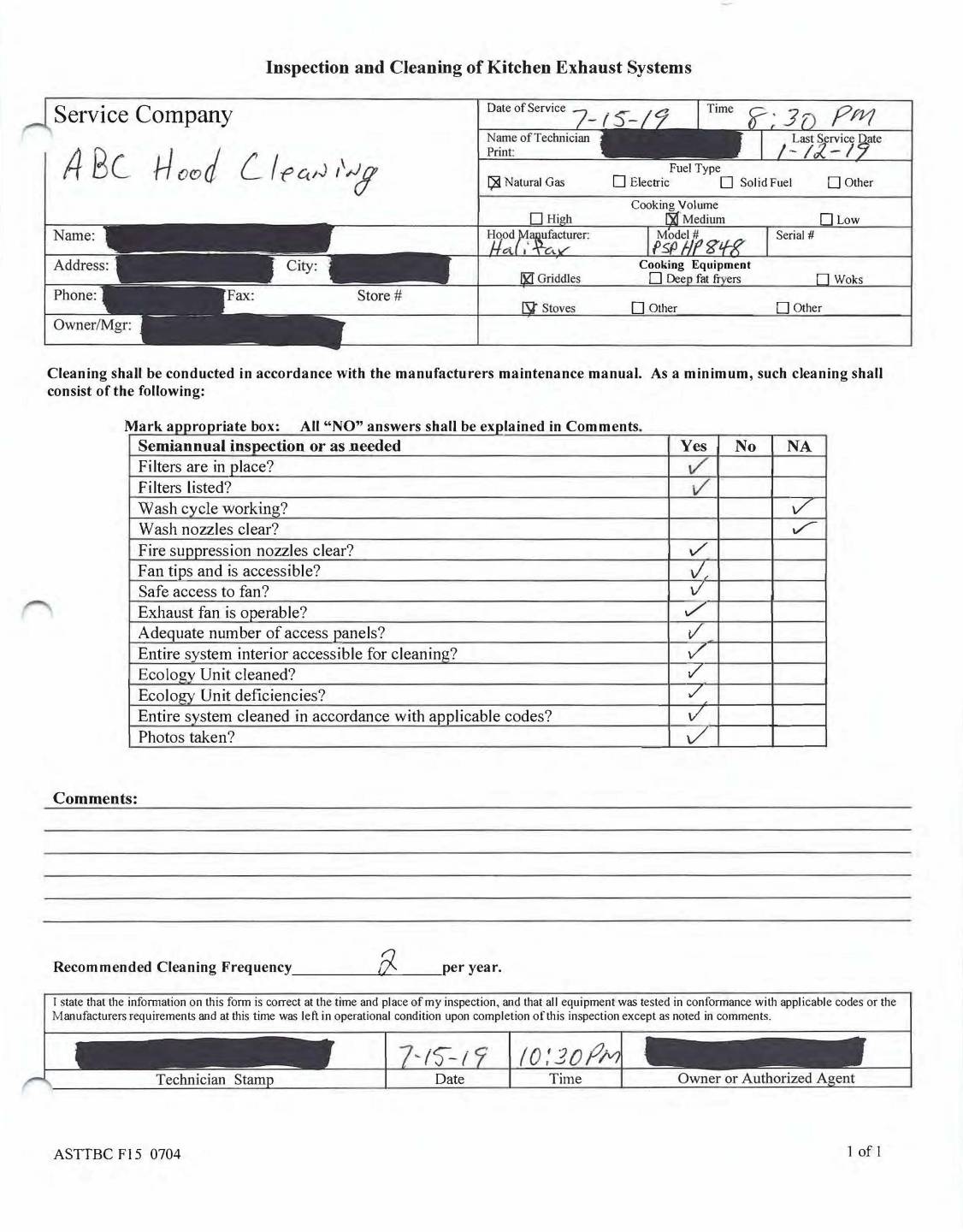 ABC Hood Company Sample Inspection Report Page 6