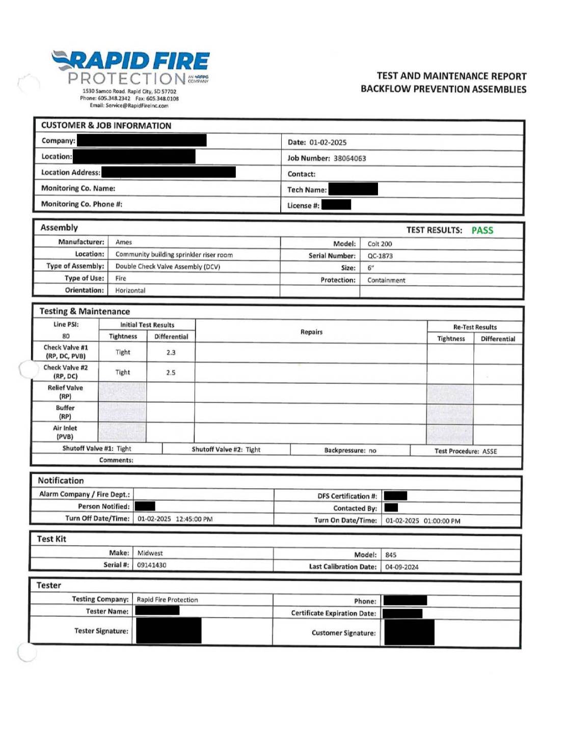 Backflow test report for a double check valve assembly.