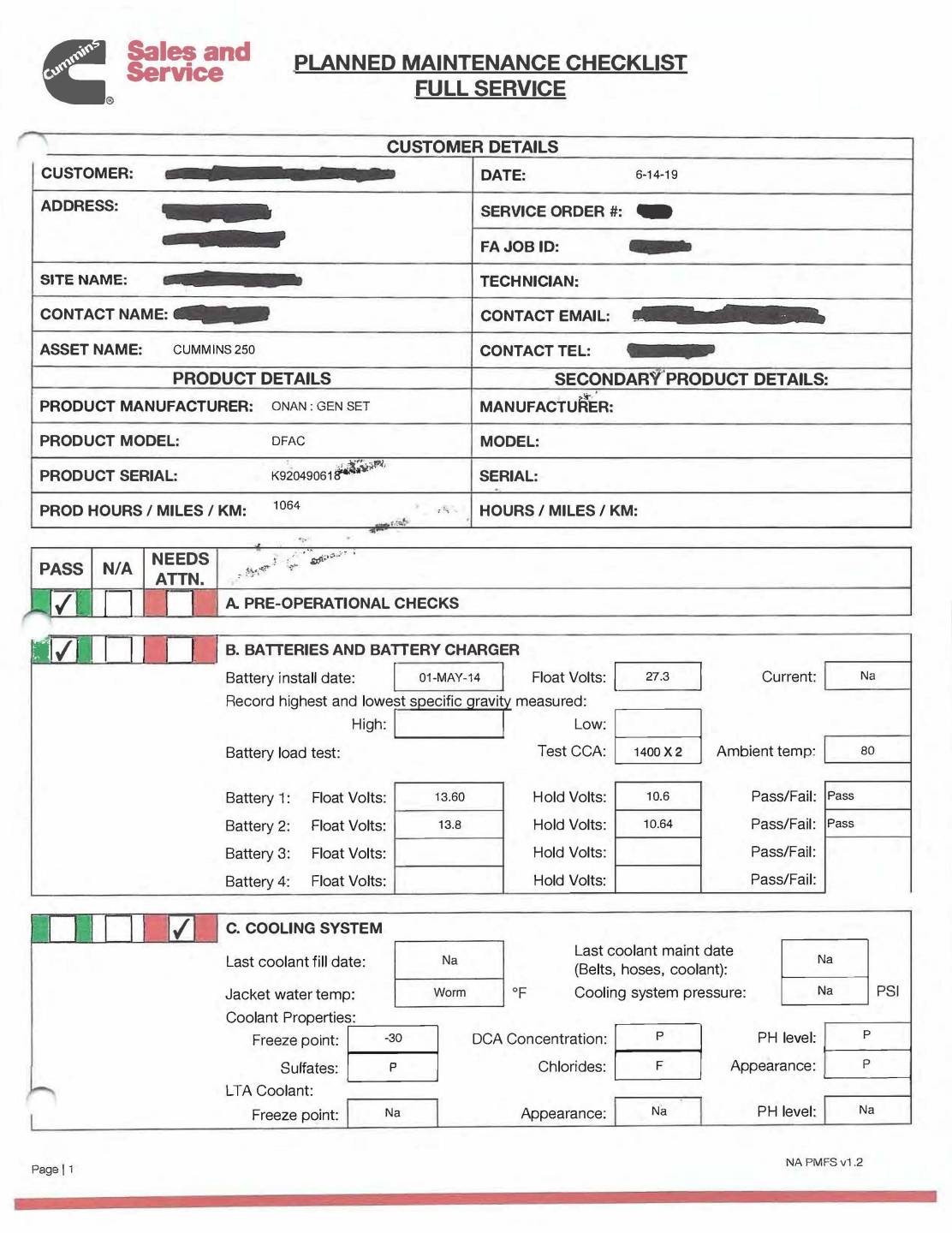 Sales and Service Example of Planned Maintenance Checklist