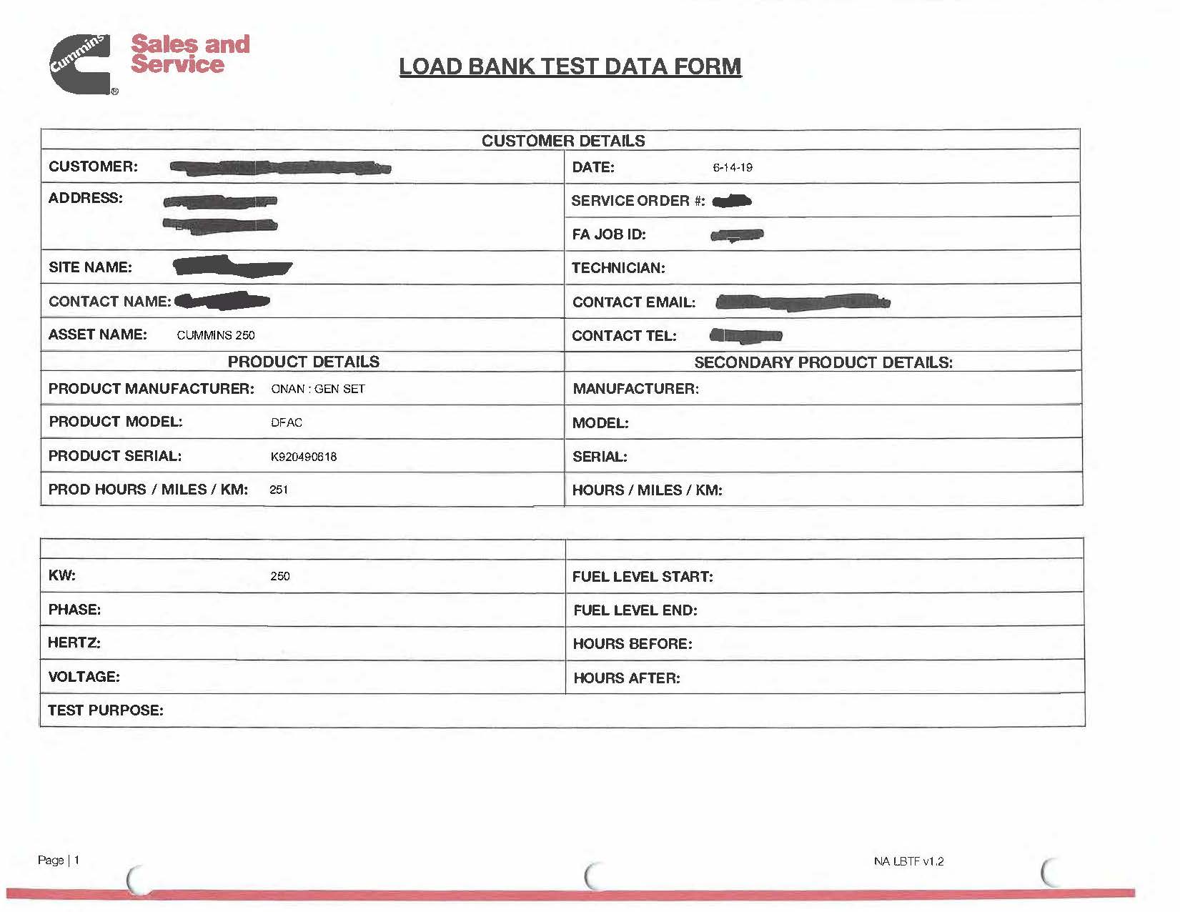 Example: Load Bank Test Data Form