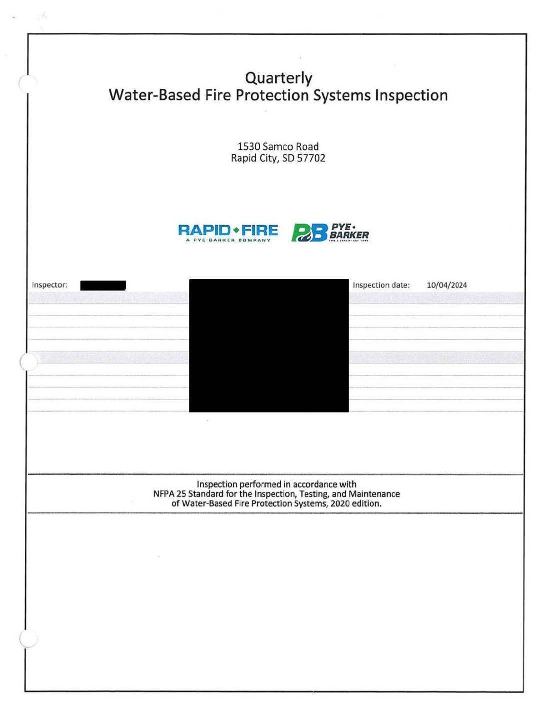 Page 1 Quarterly water-based fire inspection report .