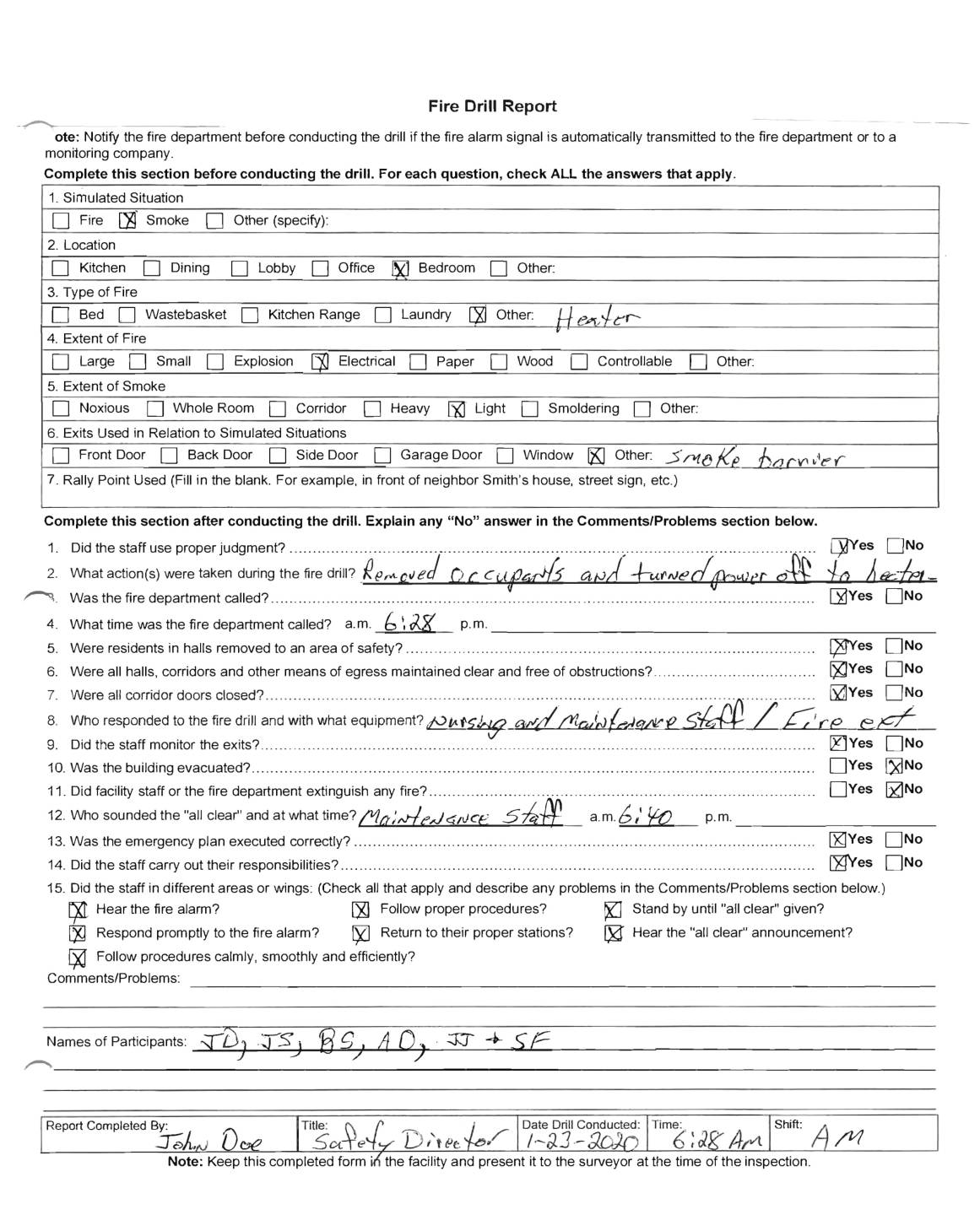 Sample of a completed Fire Drill Report