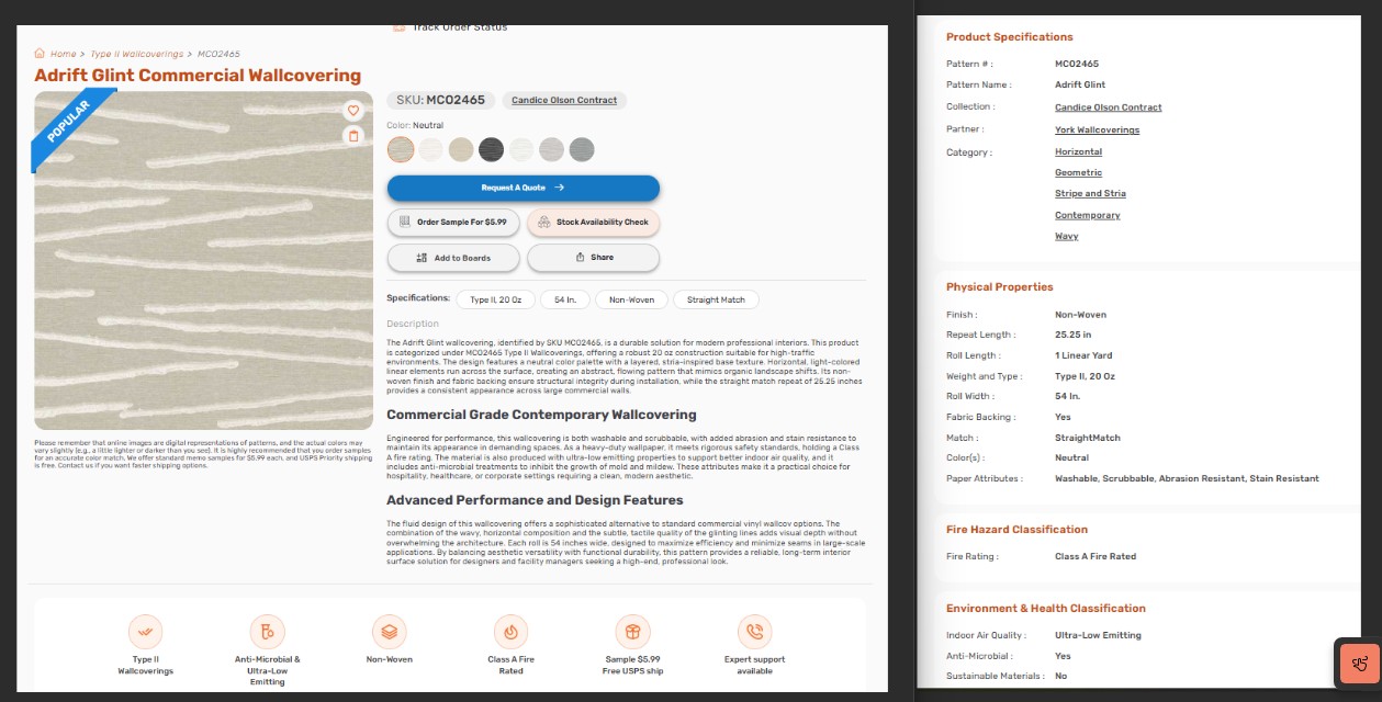 Commercial wallcovering specification sheet.