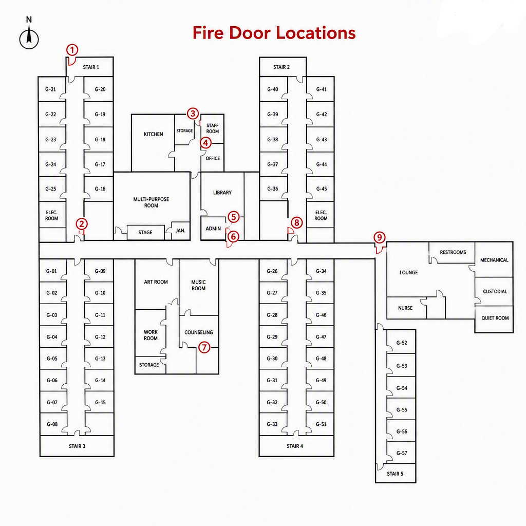 Floor plan with fire door locations.