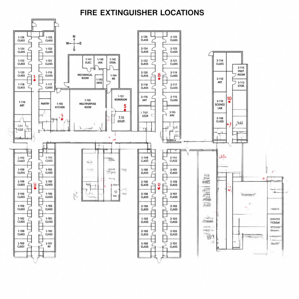 Floor plan with fire extinguisher locations.