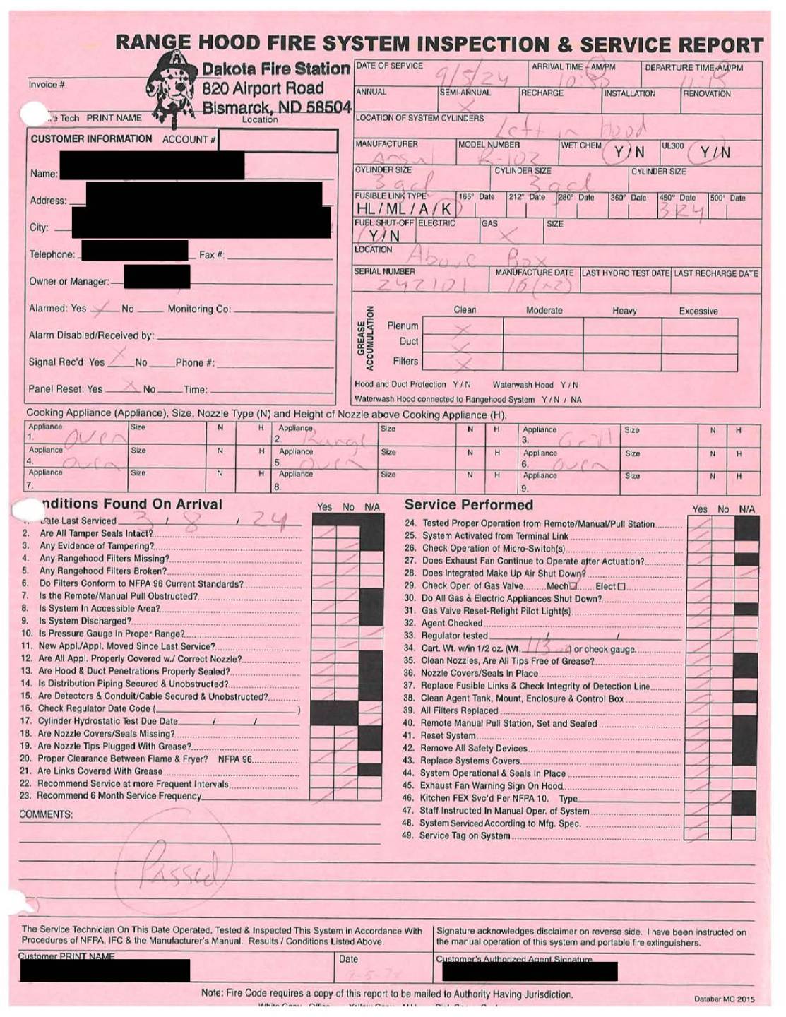 Page 1 Range hood inspection service report.