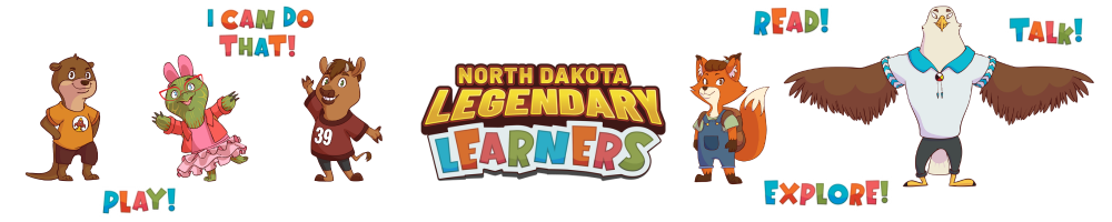 North Dakota legendary learners characters Chip, Willow, Theo, Ember, and Mr. Wise Eagle