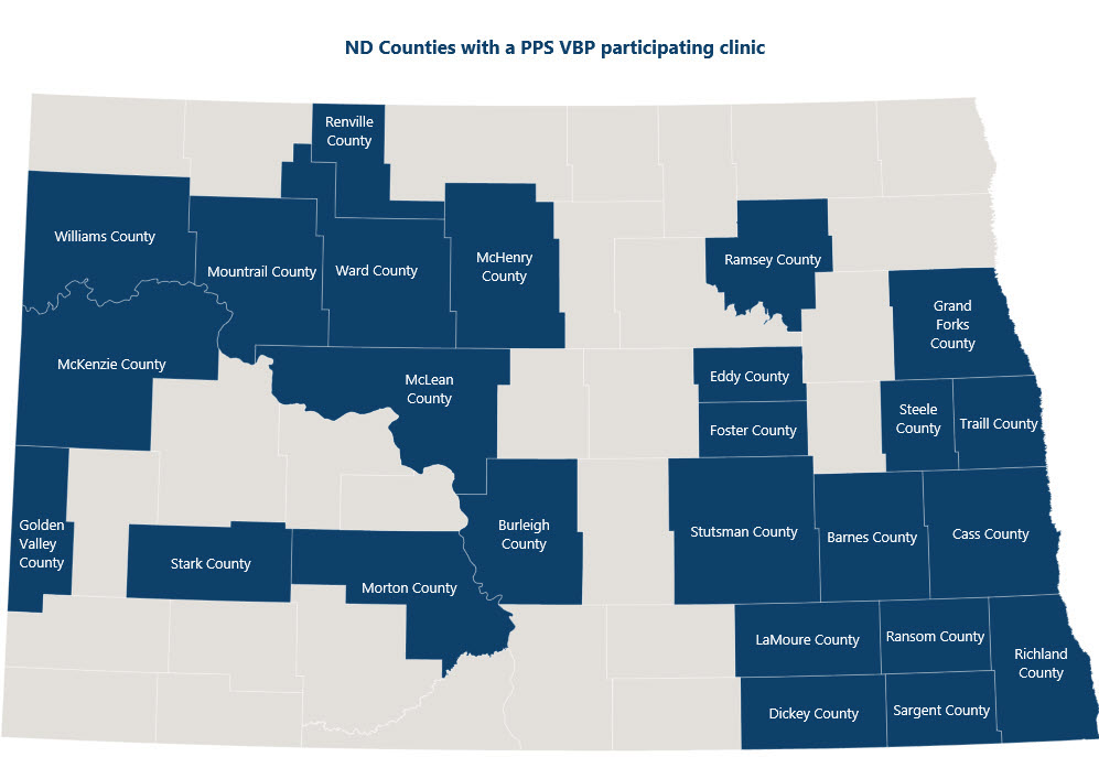 The map below of North Dakota shows the counties with a participating PPS VBP clinic in blue.