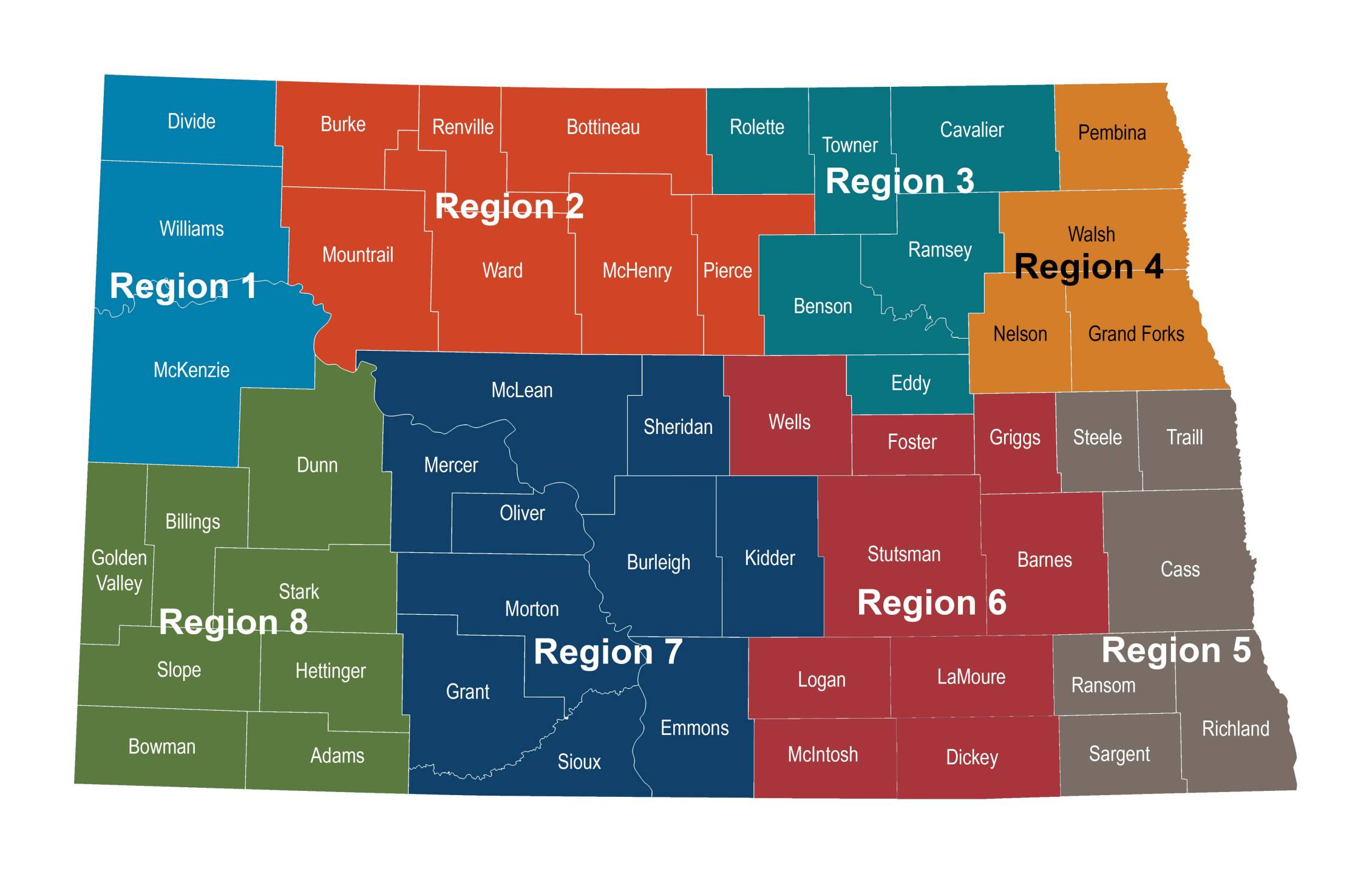A map of North Dakota that shows Rural Health Transformation support regions.