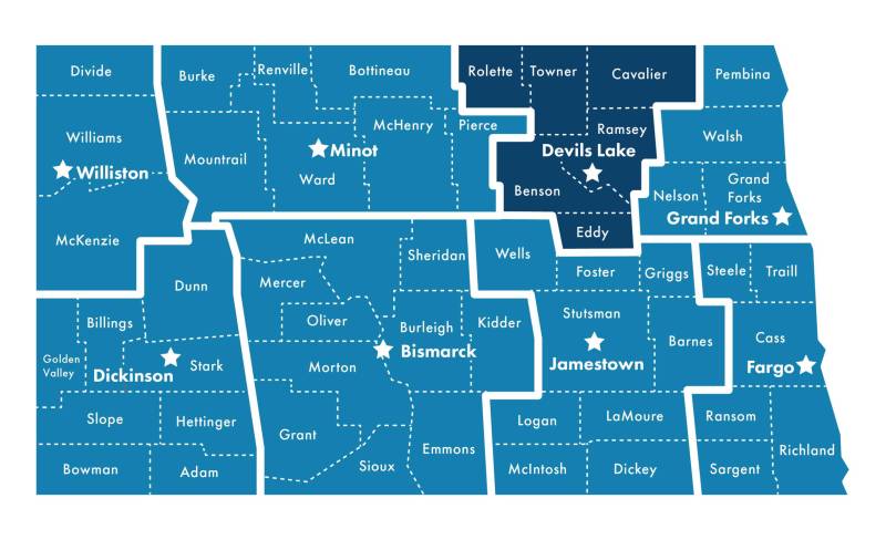 Map of North Dakota with counties highlighted that Lake Region Behavioral Health Clinic serves to include: Rolette, Towner, Cavalier, Ramsey, Benson and Eddy