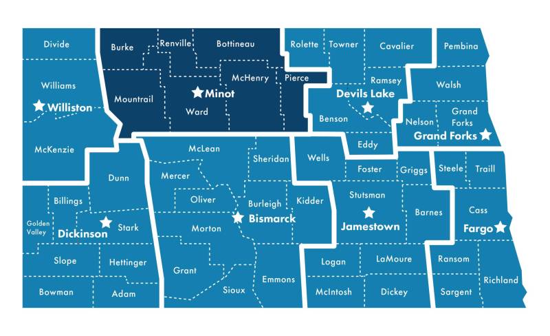 Map of North Dakota with counties highlighted that North Central Behavioral Health Clinic serves to include: Burke, Renville, Bottineau, Mountrail, Ward, McHenry and Pierce