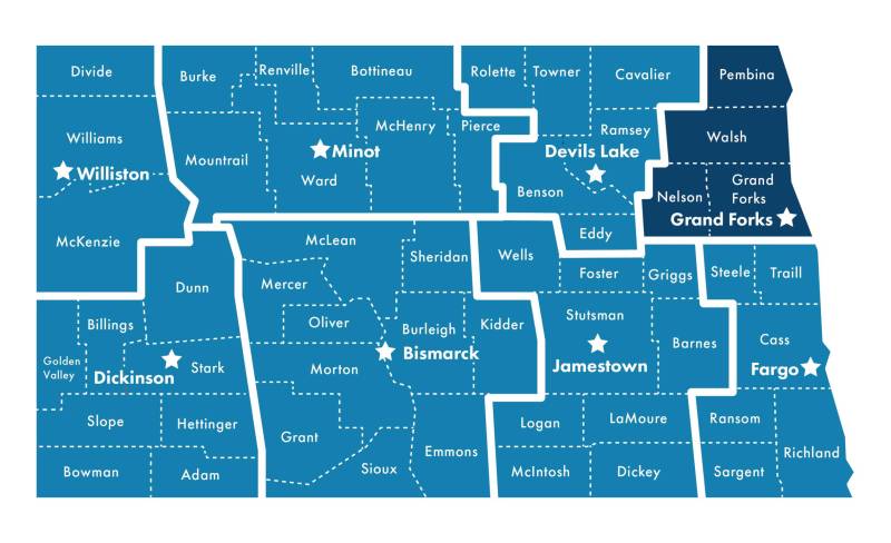 Map of North Dakota with counties highlighted that Northeast Behavioral Health Clinic serves to include: Pembina, Walsh, Nelson and Grand Forks