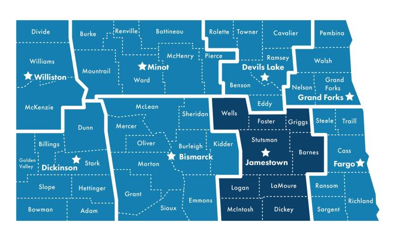 Map of North Dakota with counties highlighted that South Central Behavioral Health Clinic serves to include: Wells, Foster, Griggs, Stutsman, Barnes, Logan, LaMoure, McIntosh and Dickey. 