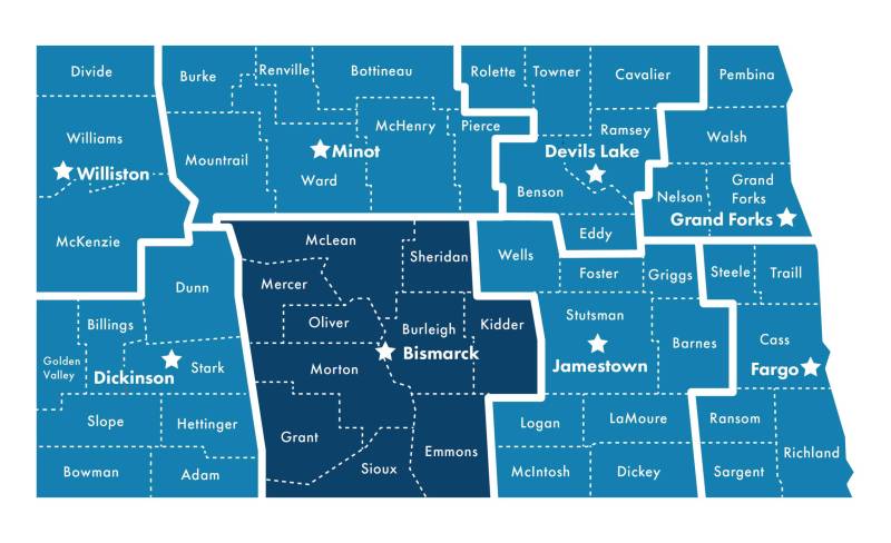 Map of North Dakota with counties highlighted that West Central Behavioral Health Clinic serves to include: McLean, Sheridan, Mercer, Oliver, Burleigh, Kidder, Morton, Grant, Sioux and Emmons