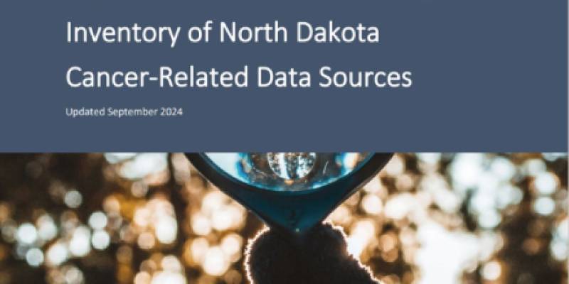 Cover of ND Cancer Data Inventory document. A gloved hand is holding a large round magnifying glass up to the sky.
