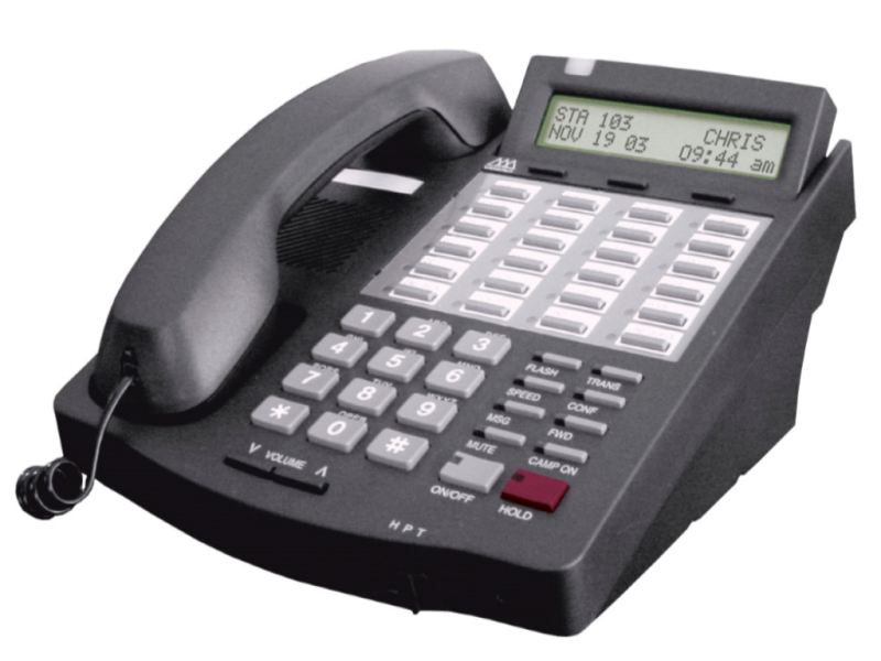 A dark gray corded desk telephone