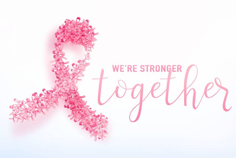 Pink ribbon and words, we're stronger together