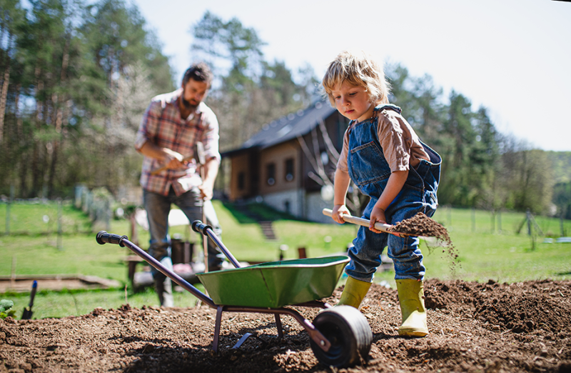 Father and son doing yardwork