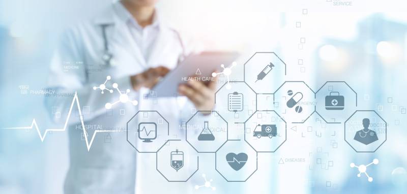 Medical icons with scientist in background