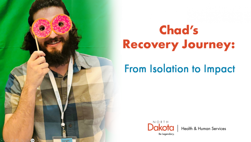 man with a mask made out of donut glasses and title Chad's recovery journey