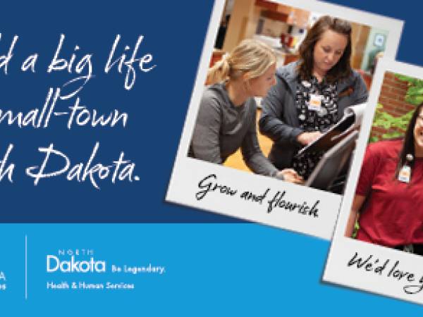 snapshots of young female health professionals and text: build a big life in small-town N.D.  