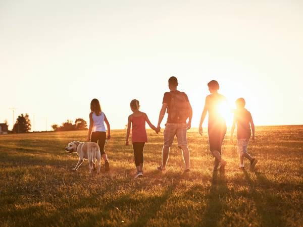 family hikes at sunset