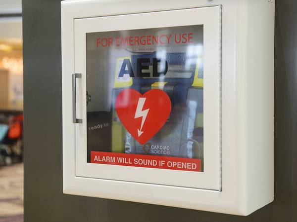 Automated External Defibrillator (AED) mounted on a wall