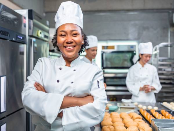 female chef standing in kitchen surrounded by baked rolls
