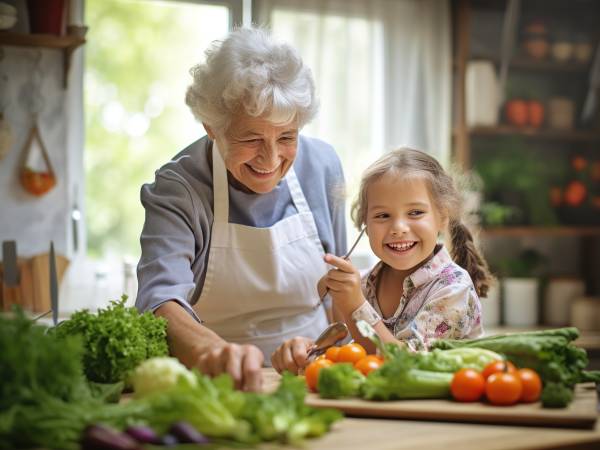 image of grandmother in the kitchen with grandaughter preparing vegetables