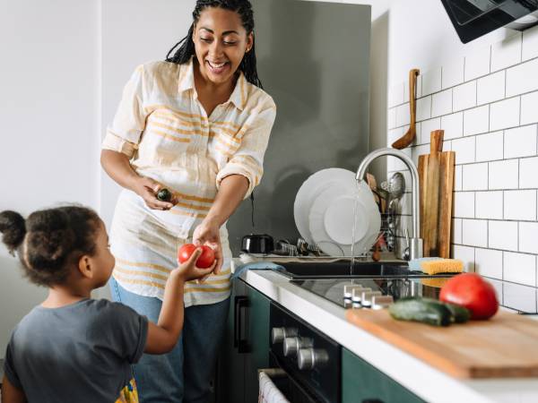 Mom and daughter washing food
