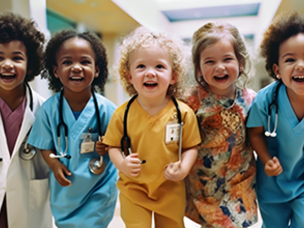 A group of children dressed as health care providers smiling in a group.