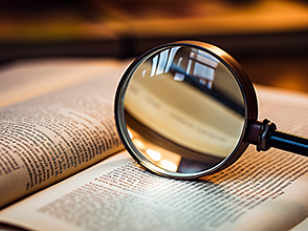 A magnifying glass laying on top of an open book