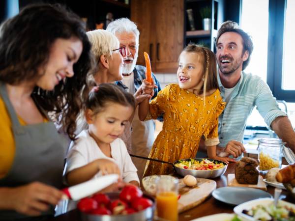Family eating dinner around table