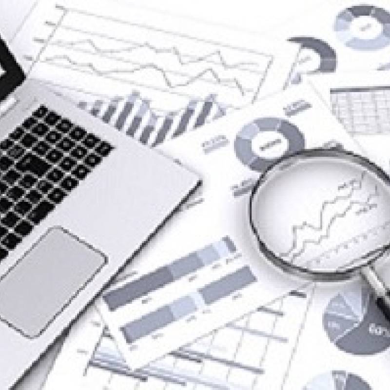 Computer and graphs with magnifying glass