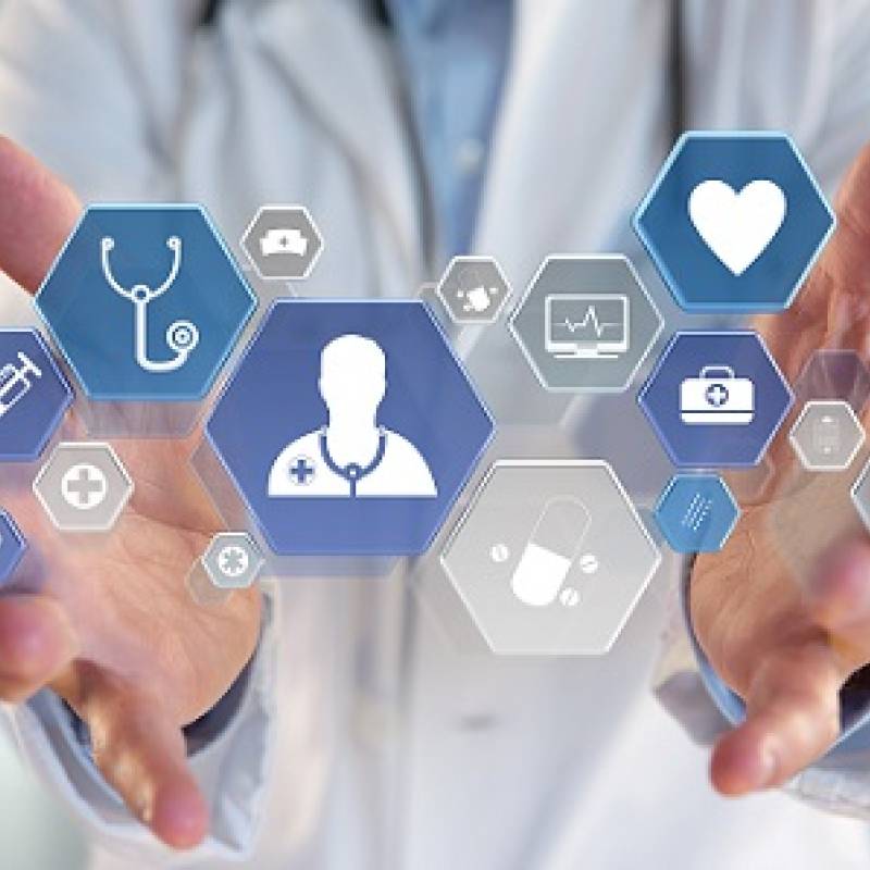 Icons (Syringe, stethoscope, person, heart, pill) of syringe service components in between two hands