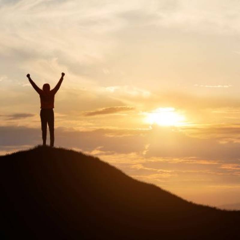 A person stands at the top of a mountain in victory