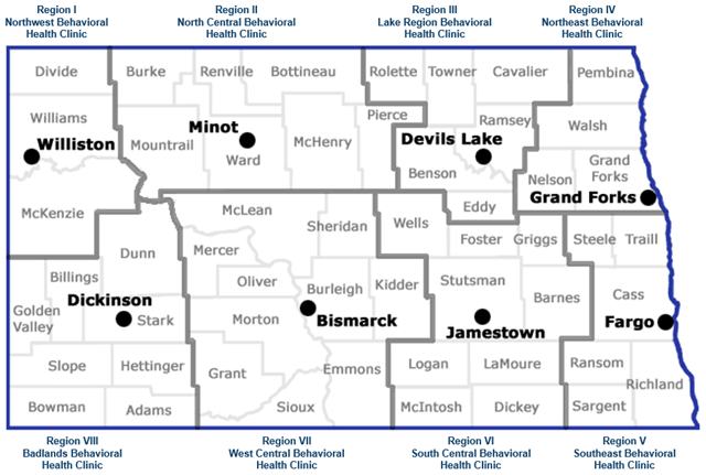Map of the 8 regions in North Dakota and corresponding behavioral health clinic