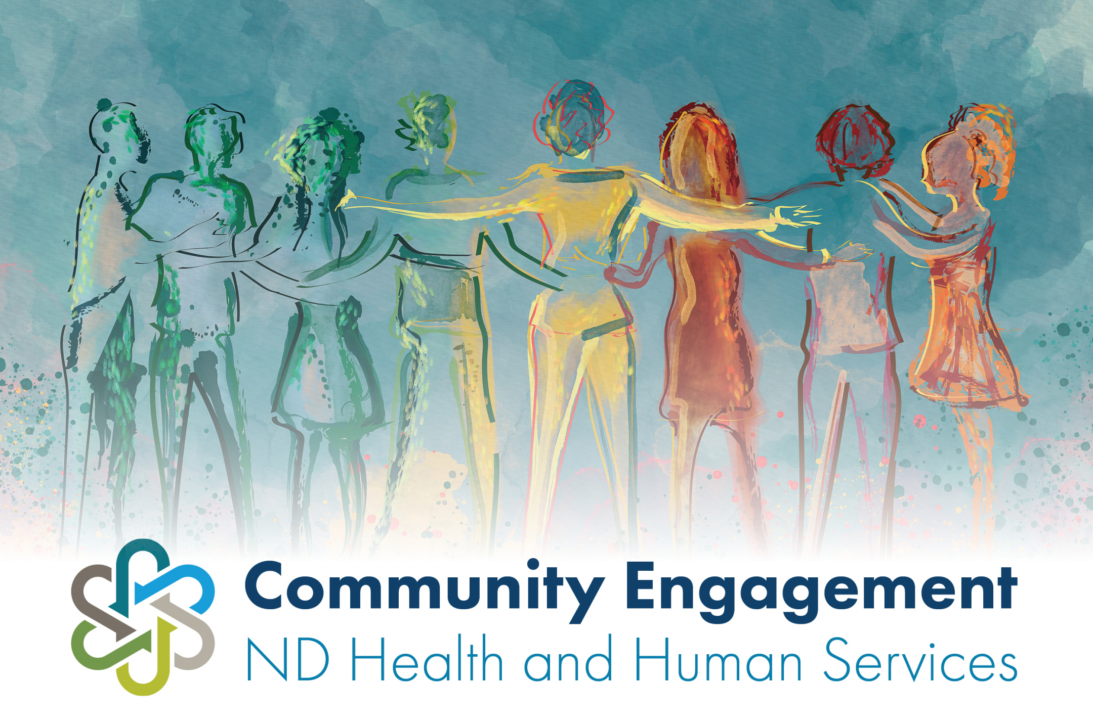 community engagement with logo, painting of people with arms around each other