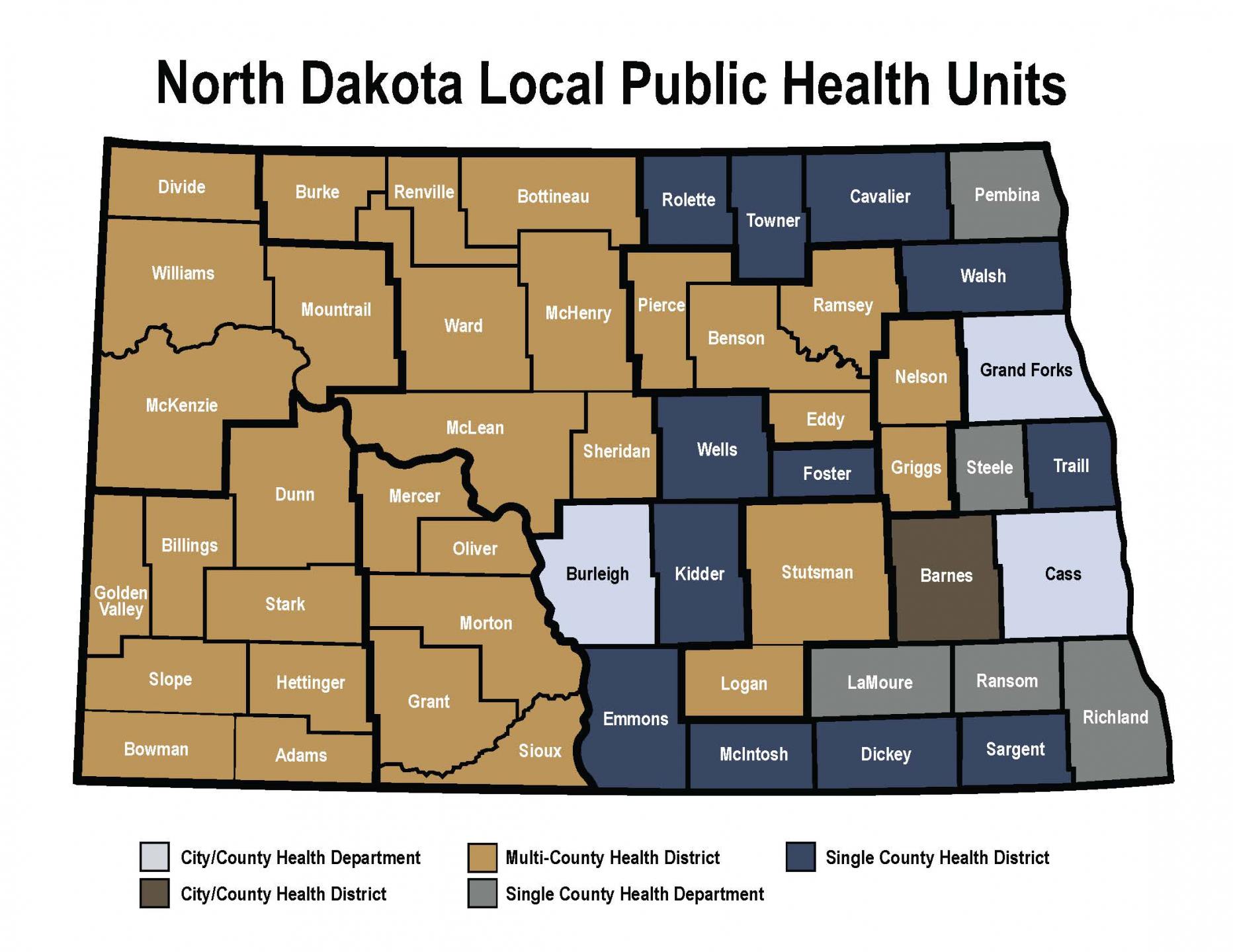 Map of North Dakota Counties illustrating Local Public Health Coverage
