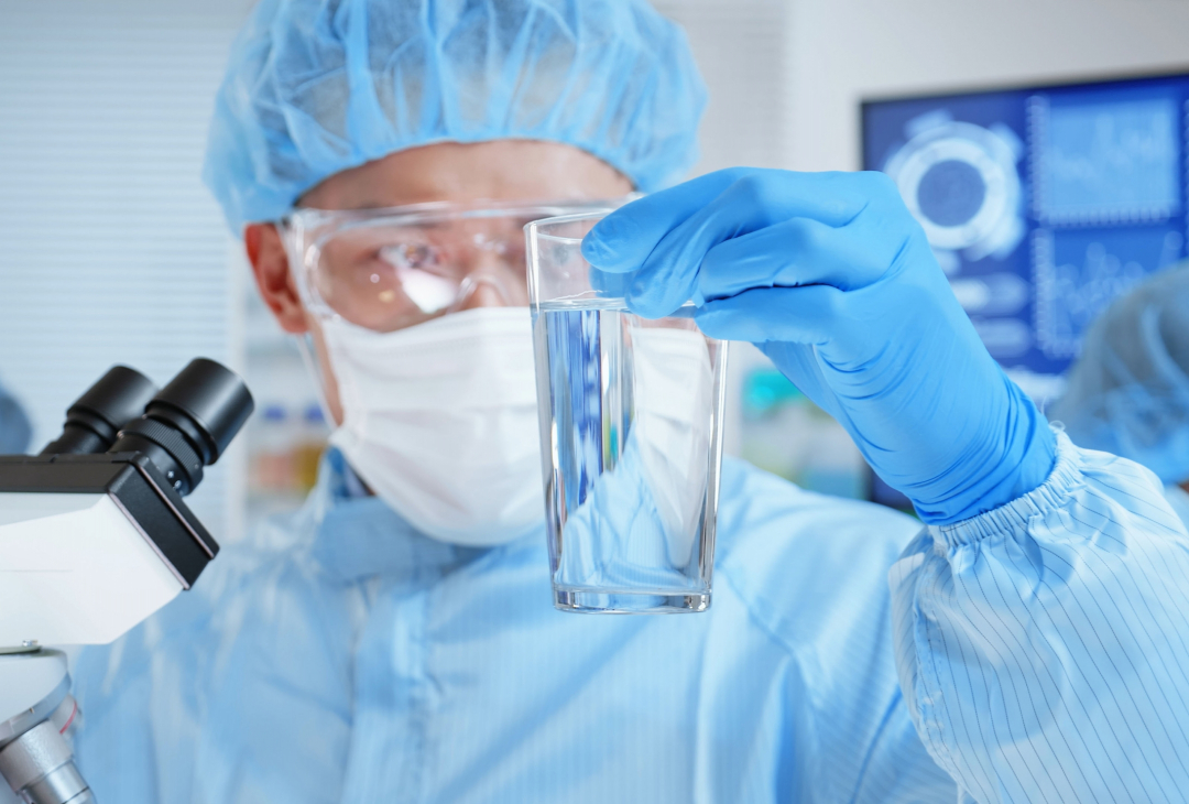 Research holding container of water to be tested