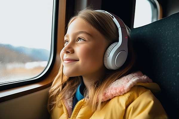 Girl listening to headphones looking out the window