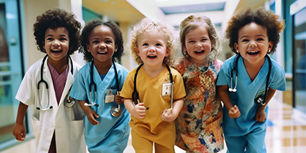 Children smiling, dressed as medical professionals.
