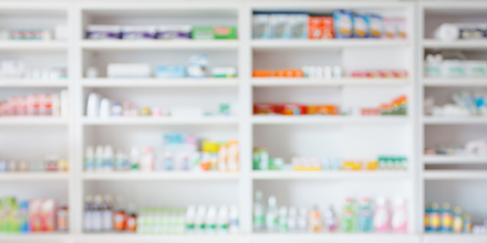 Pharmacy shelf of bottles 