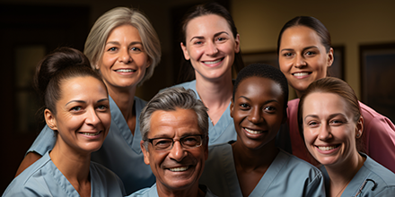 A group of diverse health care providers wearing matching scrubs, smiling.