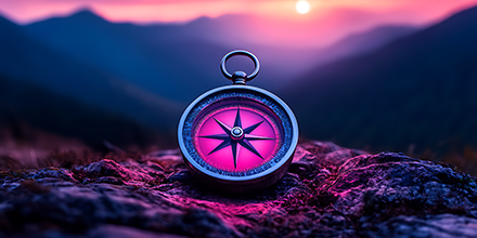 A colorful metal compass set on a rock in front of mountains and a colorful sunset.
