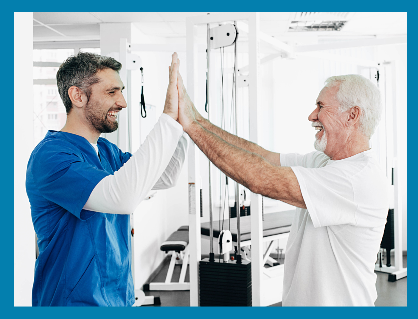 health care provider and male client high fiving