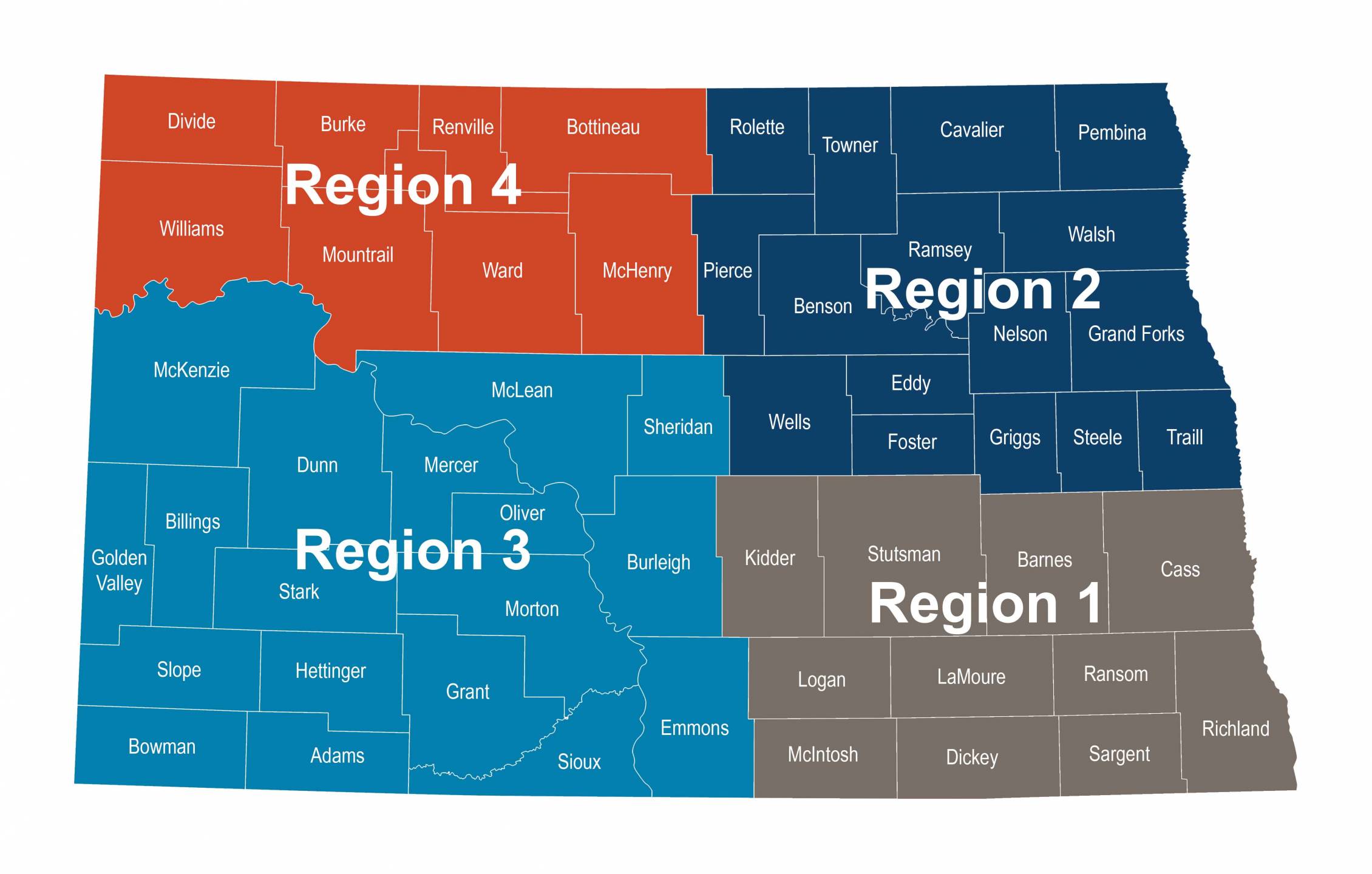 North Dakota counties by region